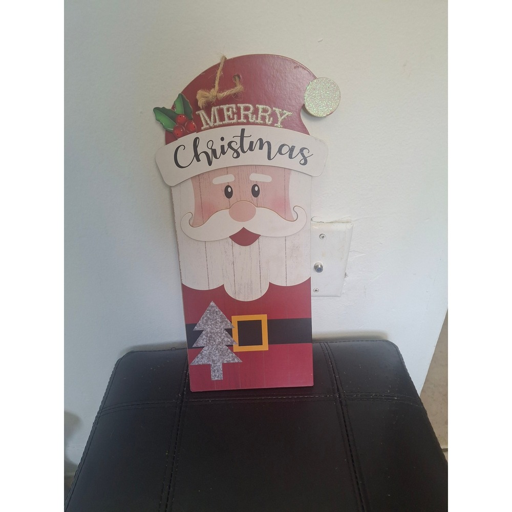 Merry Christmas Santa Claus Wooden Wall Hanging Sign Holiday Decor Twine Loop